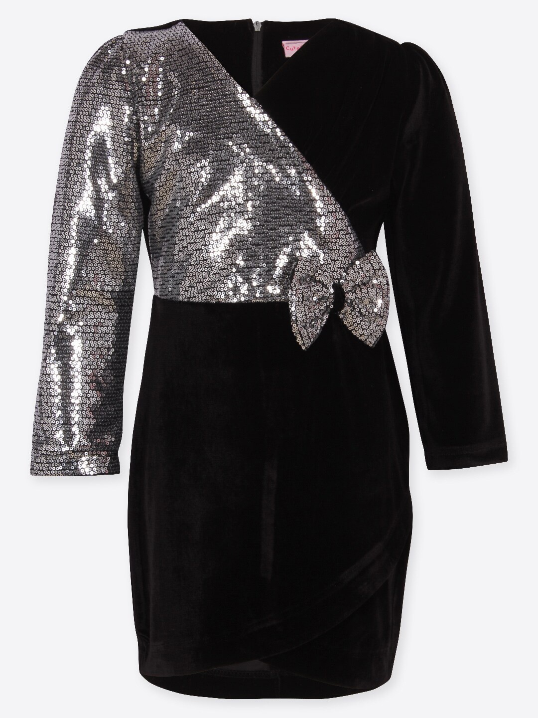 

CUTECUMBER Girls Black & Silver-Toned Embellished Full Sleeves Dress