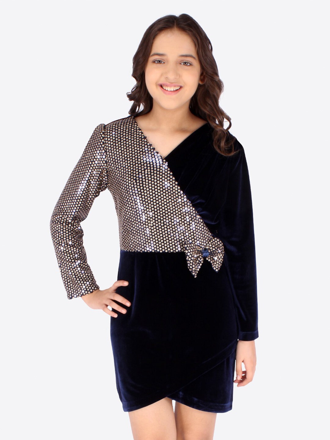 

CUTECUMBER Navy Blue & Gold-Toned Embellished Velvet Dress