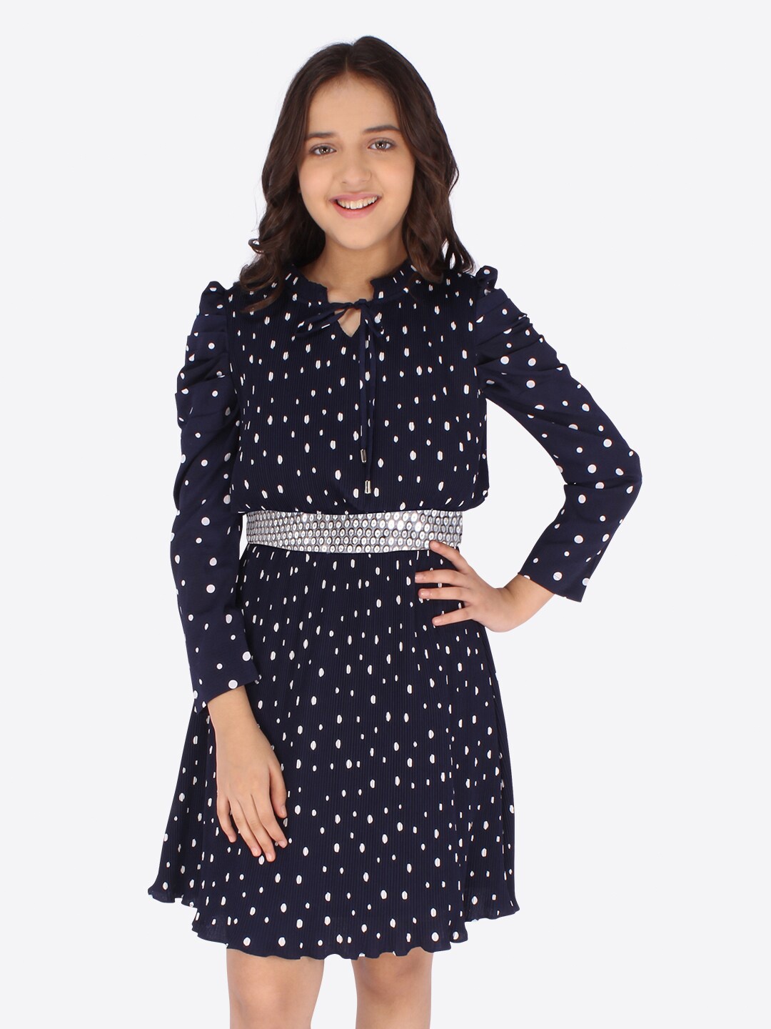 

CUTECUMBER Navy Blue Polka Dots Printed Tie-Up Neck Georgette Dress