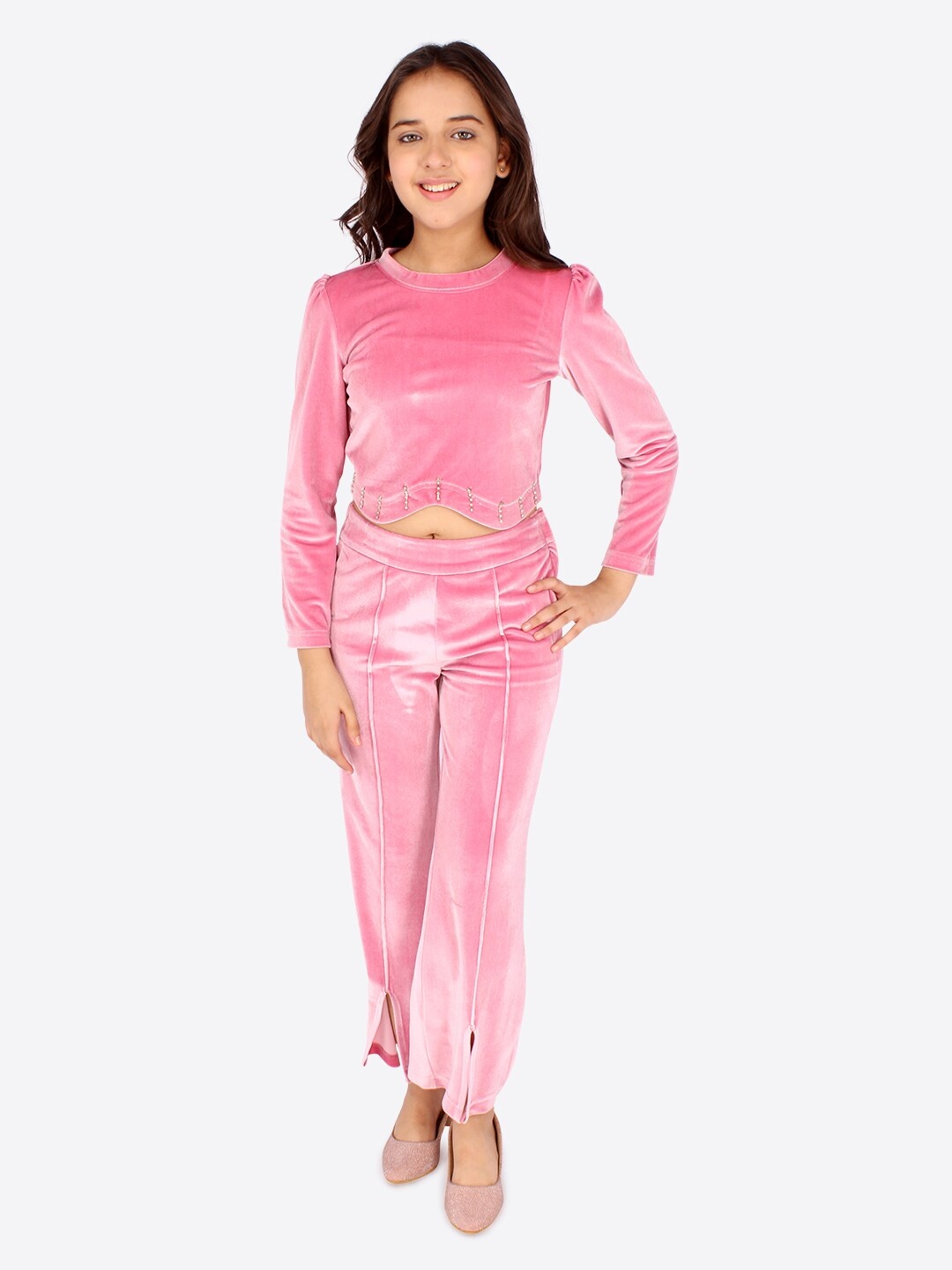 

CUTECUMBER Girls Pink Solid Round Neck Top with Trousers