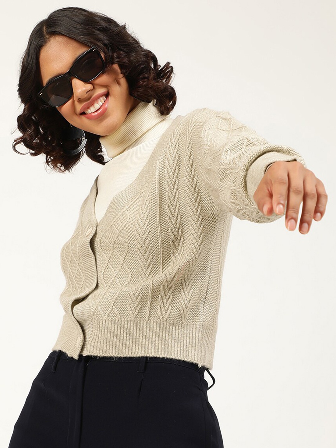 

CENTRESTAGE Women Cream-Coloured Cable Knit Cardigan