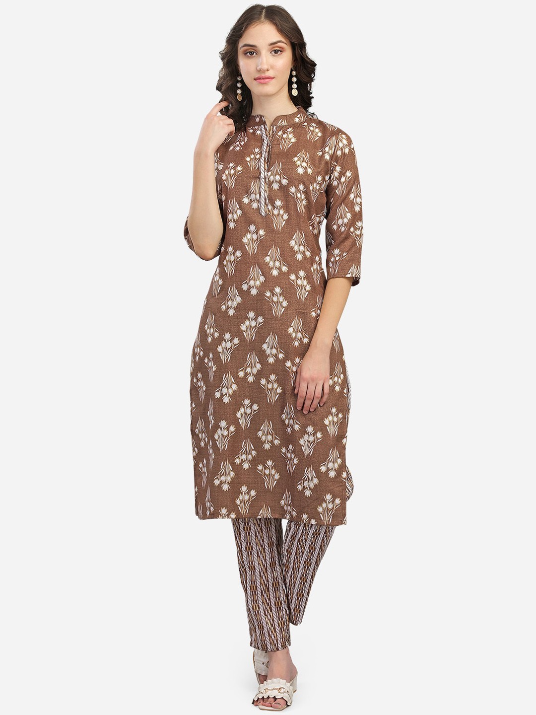 

GUFRINA Women Brown Floral Printed Kurta with Trousers