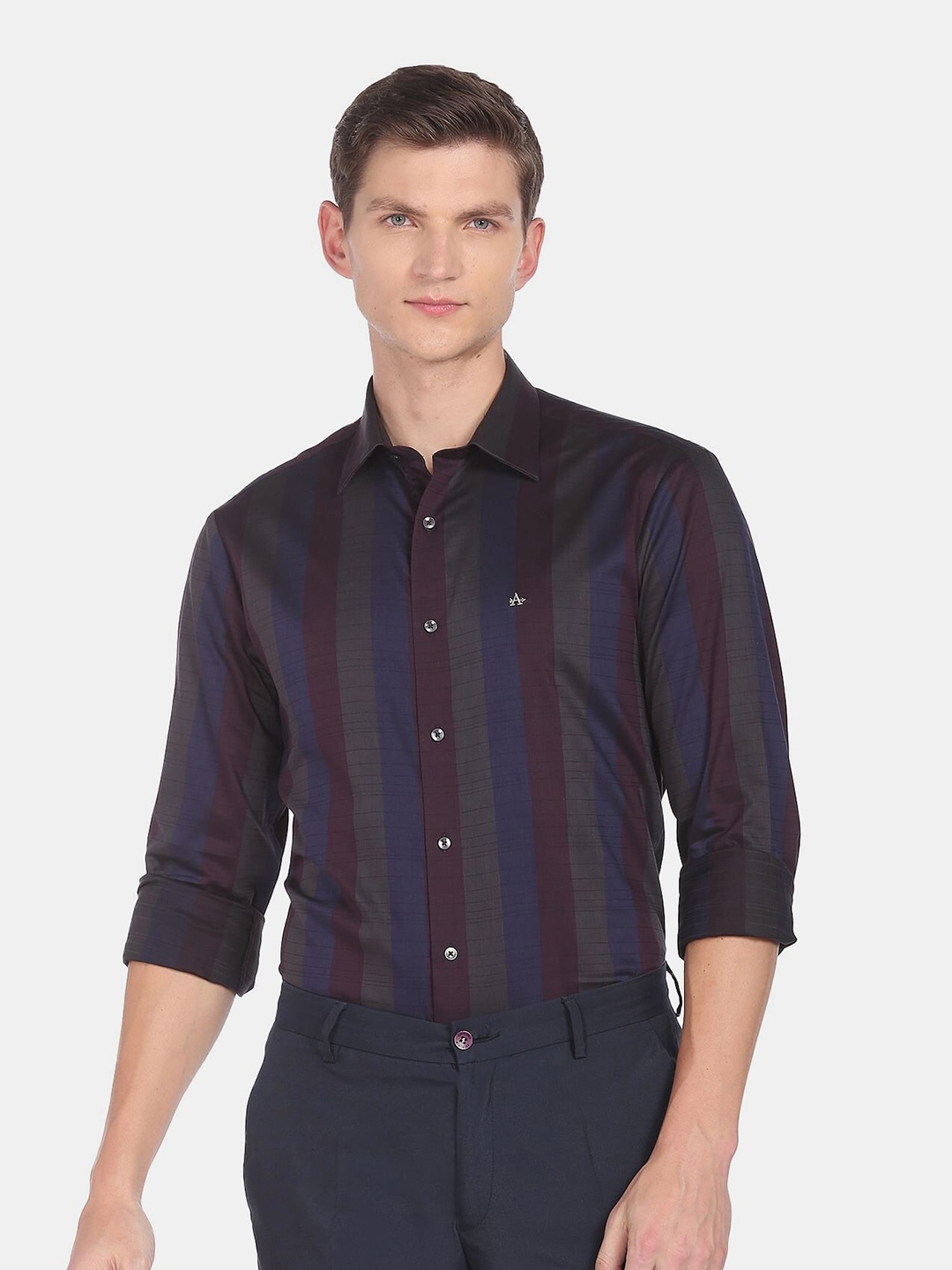 

Arrow Men Charcoal & Blue Striped Cotton Formal Shirt