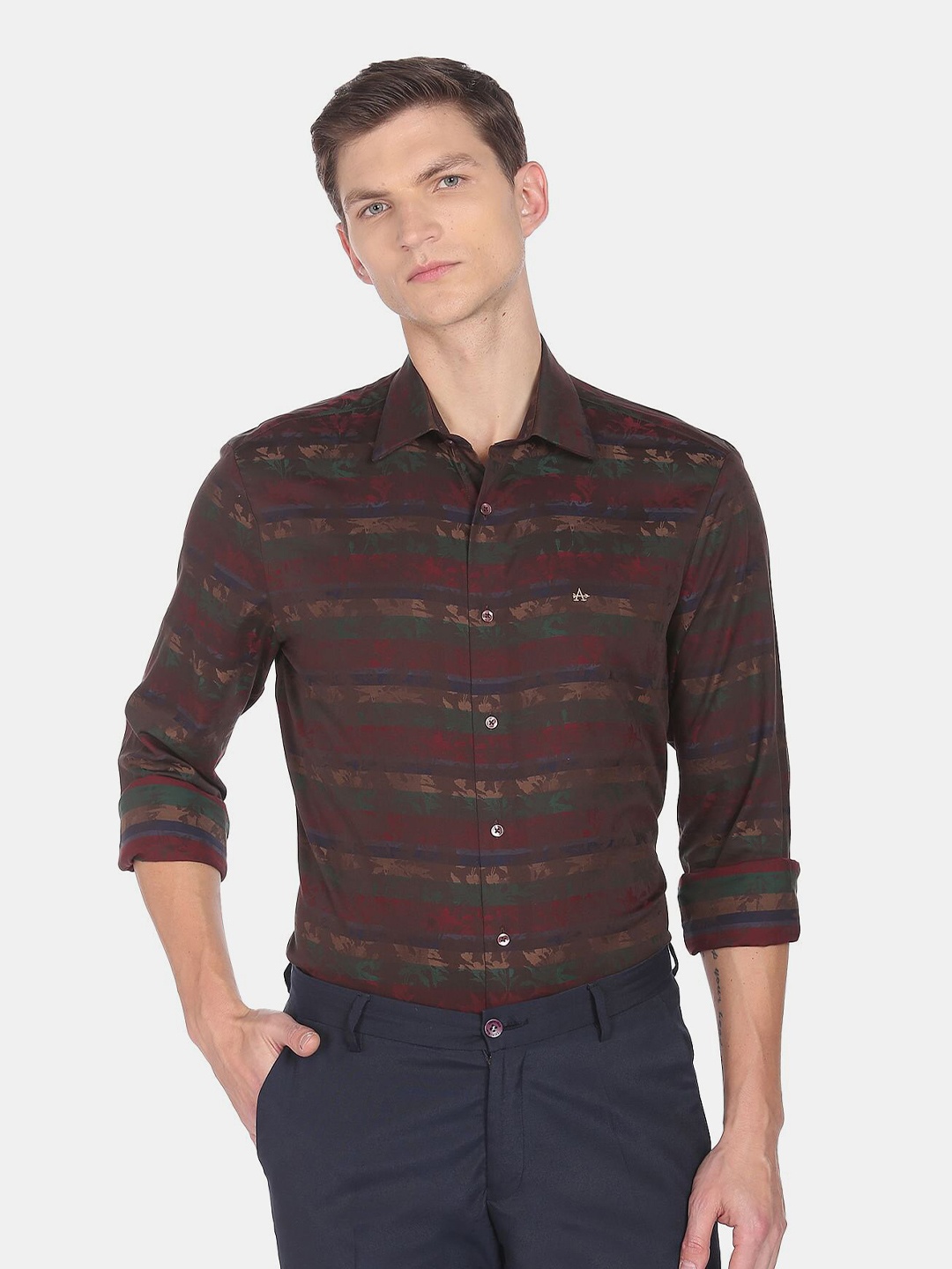 

Arrow Men Brown & Maroon Horizontal Striped Cotton Formal Shirt