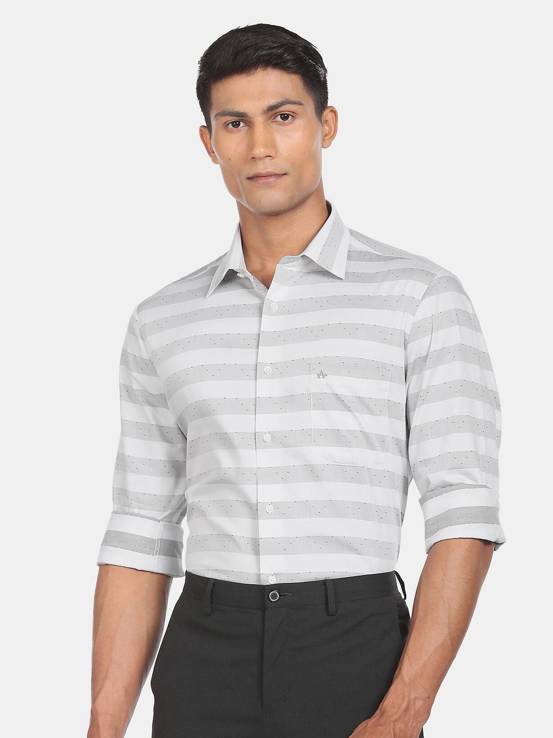 Arrow Men Off White & Grey Horizontal Striped Cotton Formal Shirt