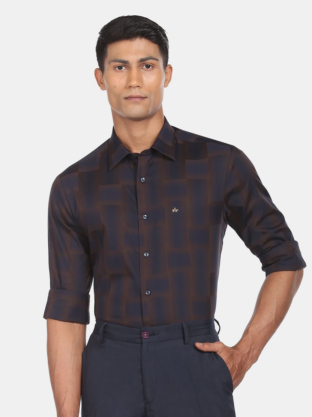 

Arrow Men Navy Blue & Brown Checked Cotton Formal Shirt