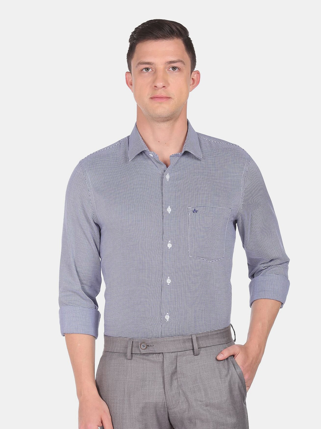 

Arrow Men Navy Blue Checked Dobby Pure Cotton Formal Shirt