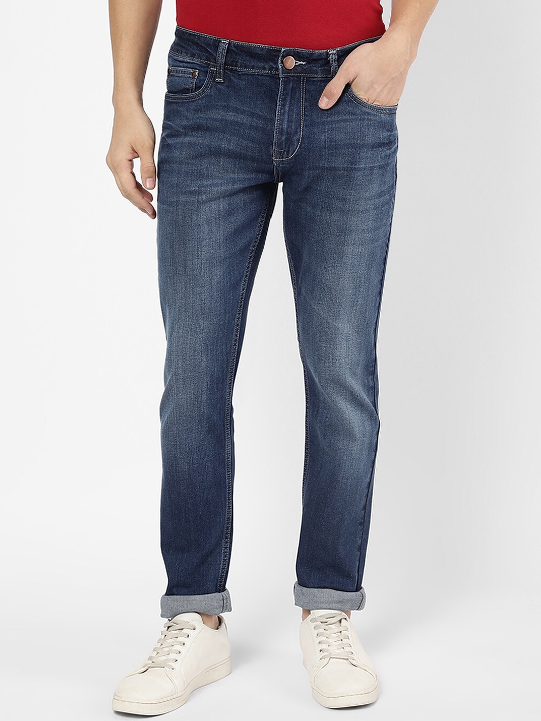 

R&B Men Blue Cotton Slim Fit Low Distress Jeans