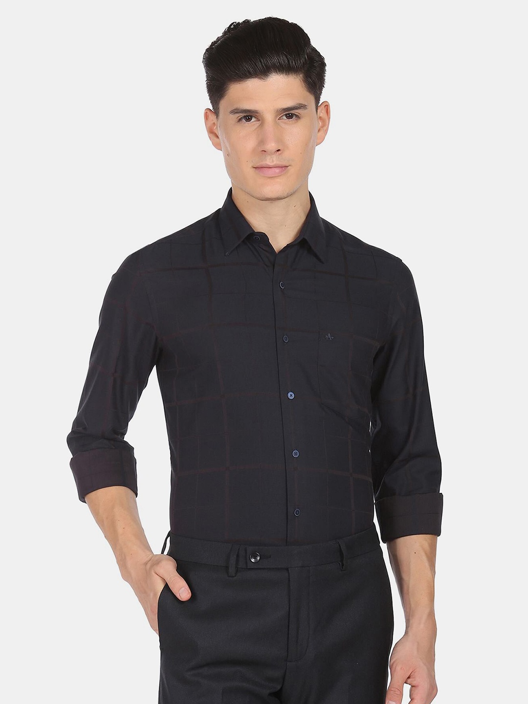 

Arrow New York Men Checked Cotton Formal Shirt, Navy blue