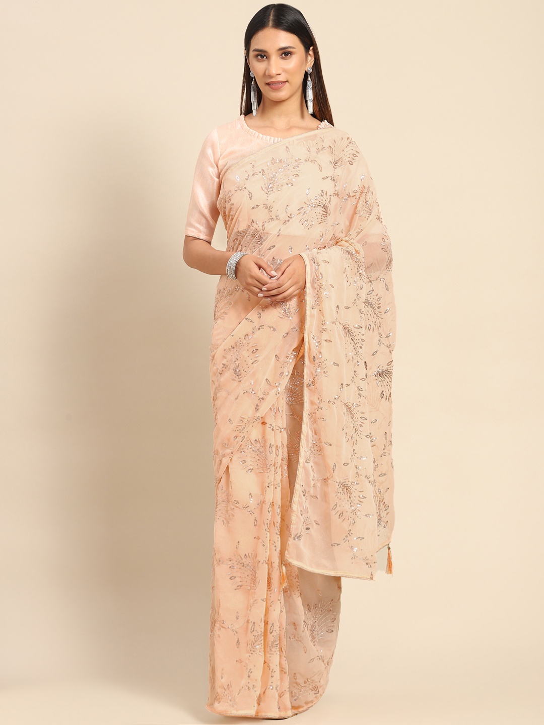 

Kalista Peach-Coloured Floral Sequinned Saree