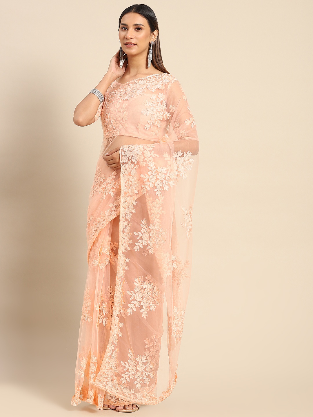 

Kalista Peach-Coloured Floral Embroidered Net Saree