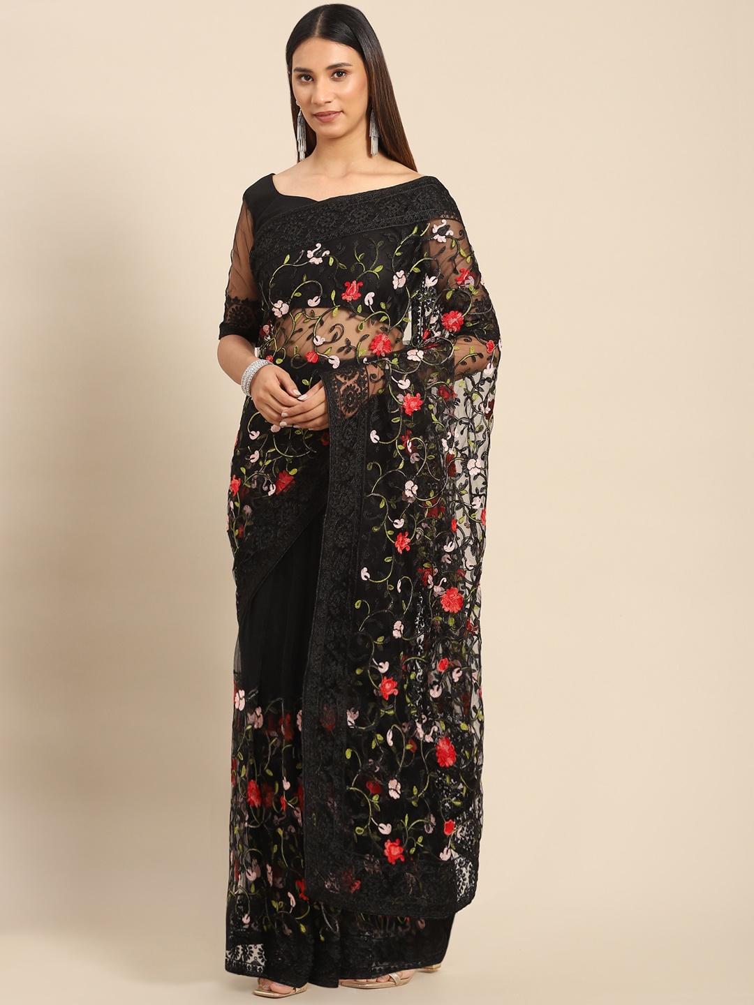 

Kalista Black & White Floral Embroidered Net Saree