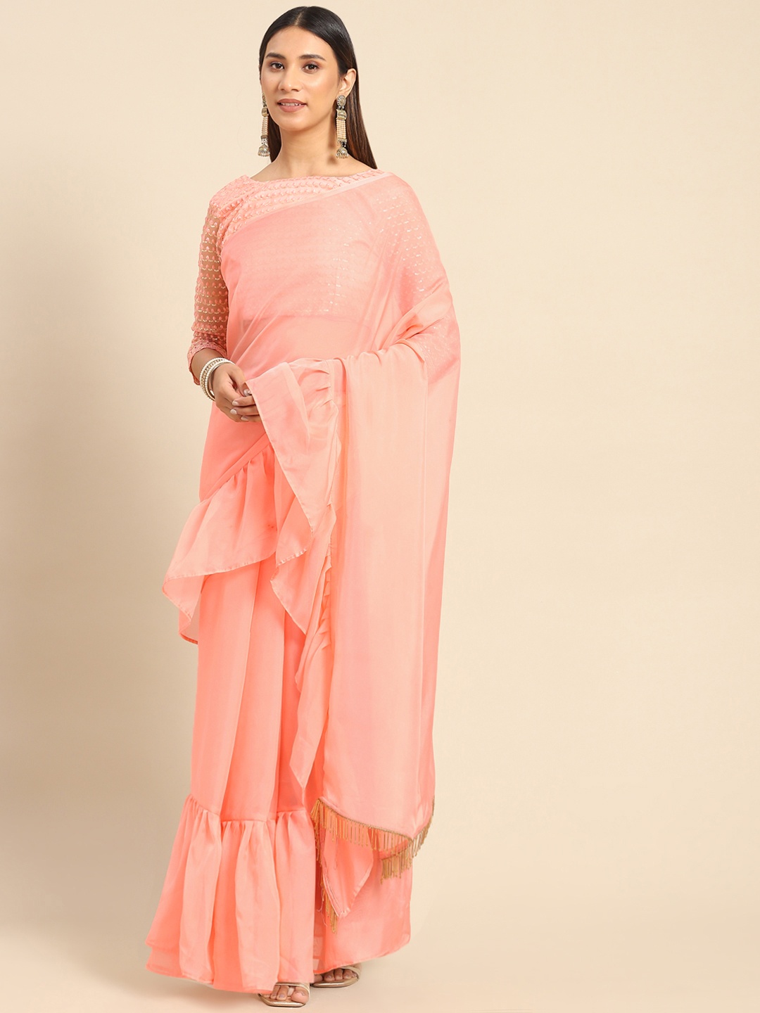 

Kalista Peach-Coloured Organza Saree