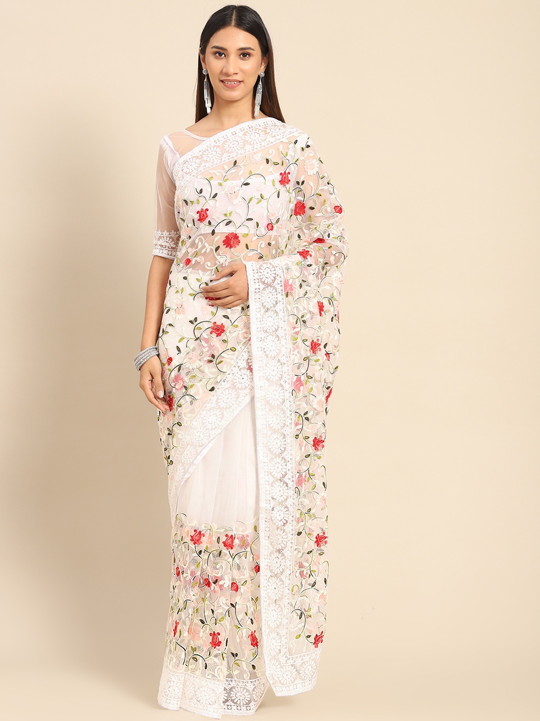 

Kalista White & Red Floral Embroidered Net Saree