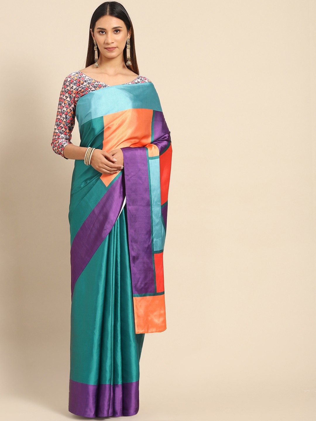 

Kalista Blue & Orange Colourblocked Saree