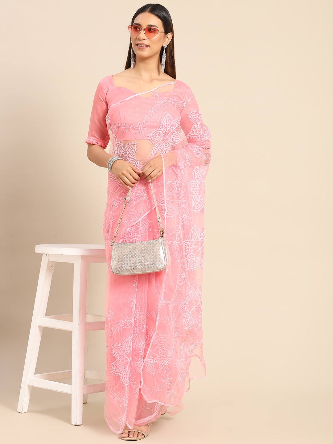 

Kalista Pink Floral Embroidered Net Saree