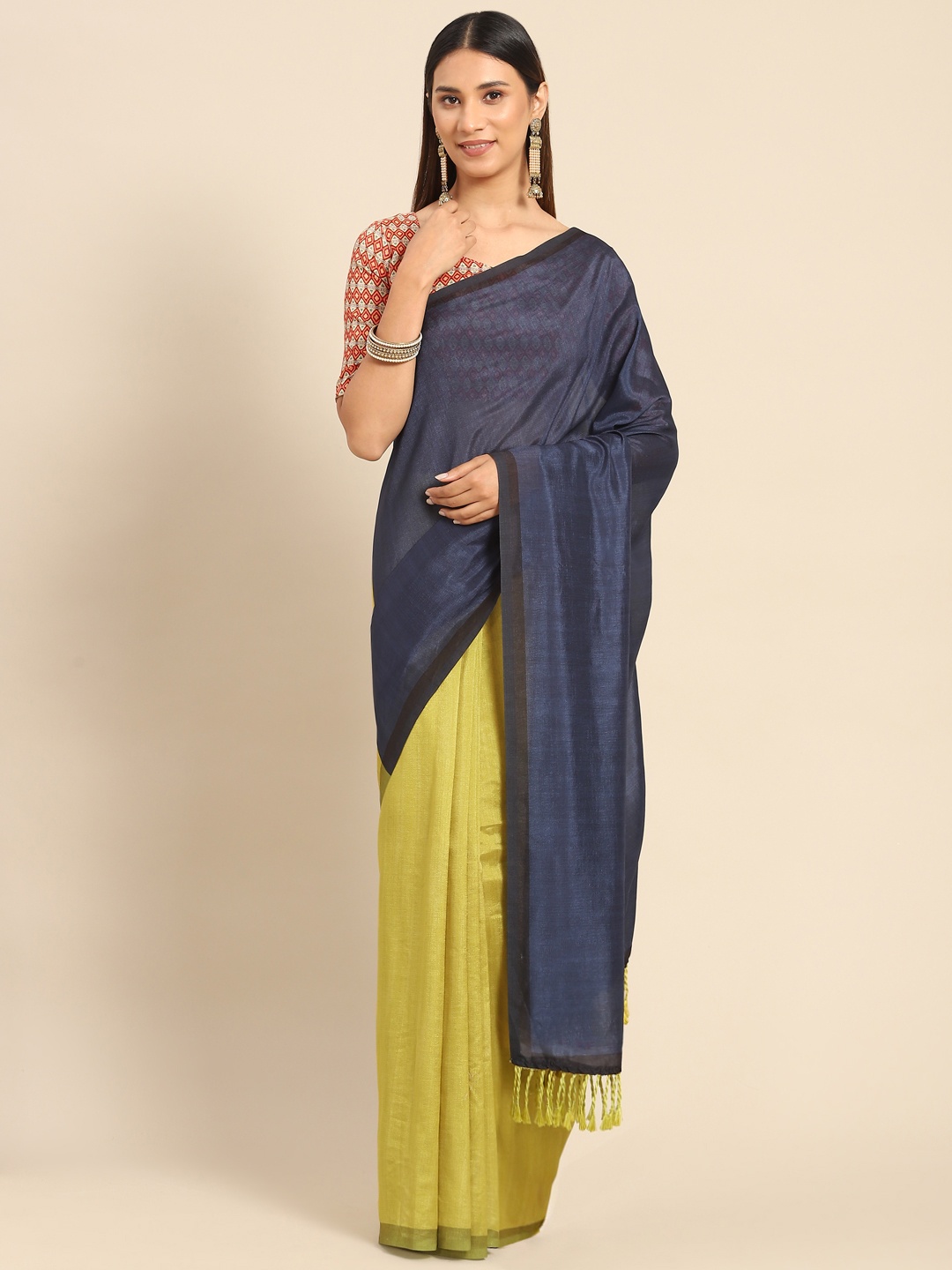

Kalista Lime Green & Navy Blue Colourblocked Saree
