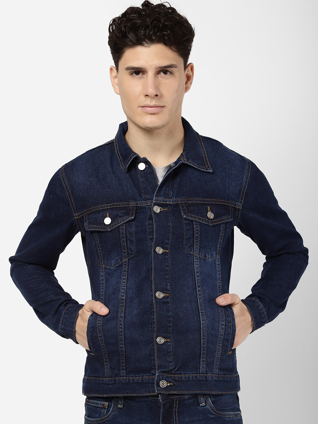 

R&B Men Blue Solid Cotton Denim Jacket