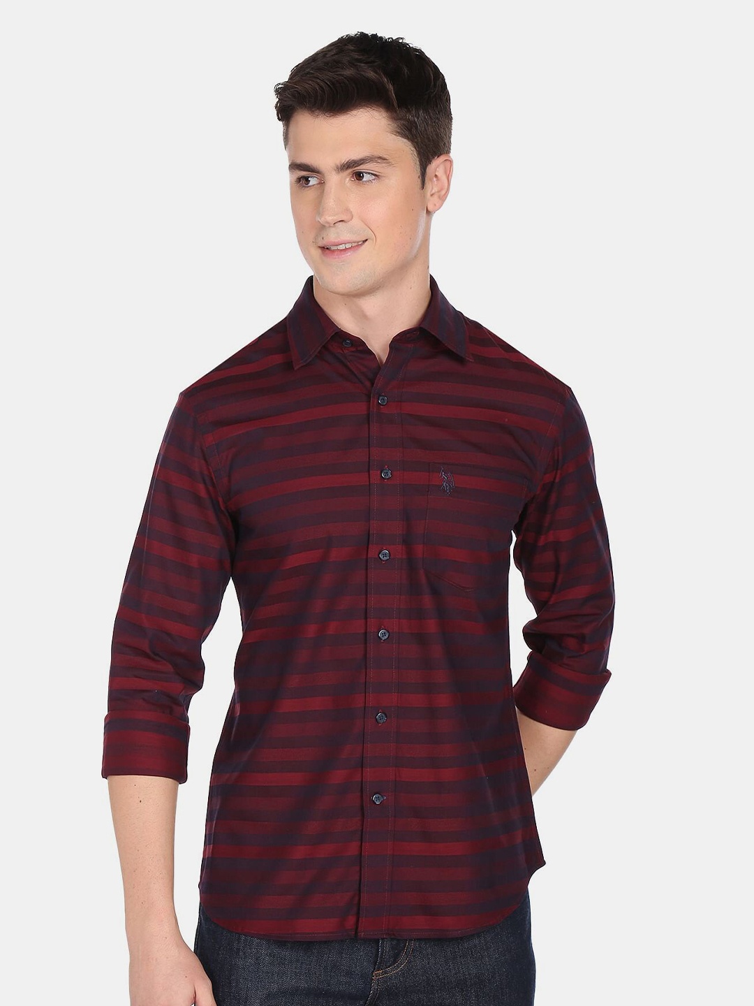 

U.S. Polo Assn. Men Horizontal Stripes Pure Cotton Casual Shirt, Red