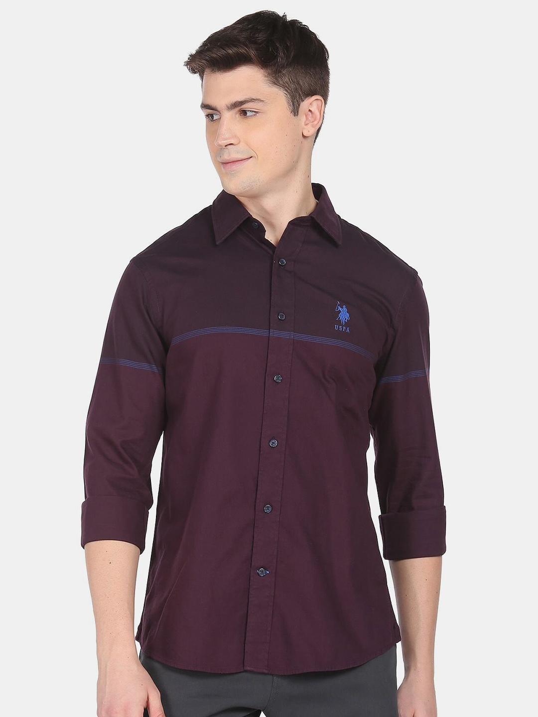 

U.S. Polo Assn. Men Colourblocked Pure Cotton Casual Shirt, Burgundy