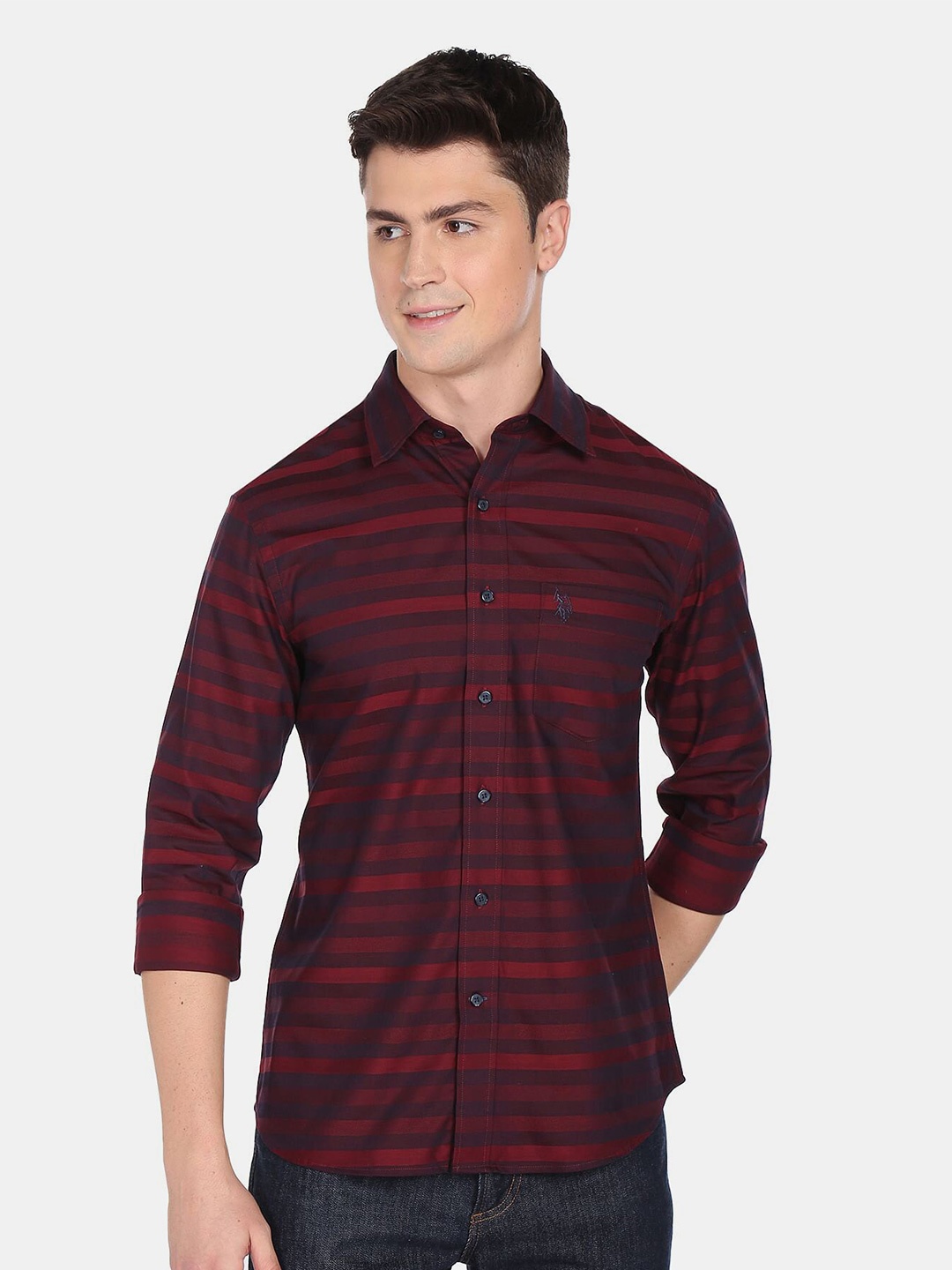 U.S. Polo Assn. Men Horizontal Stripes Pure Cotton Casual Shirt, Red