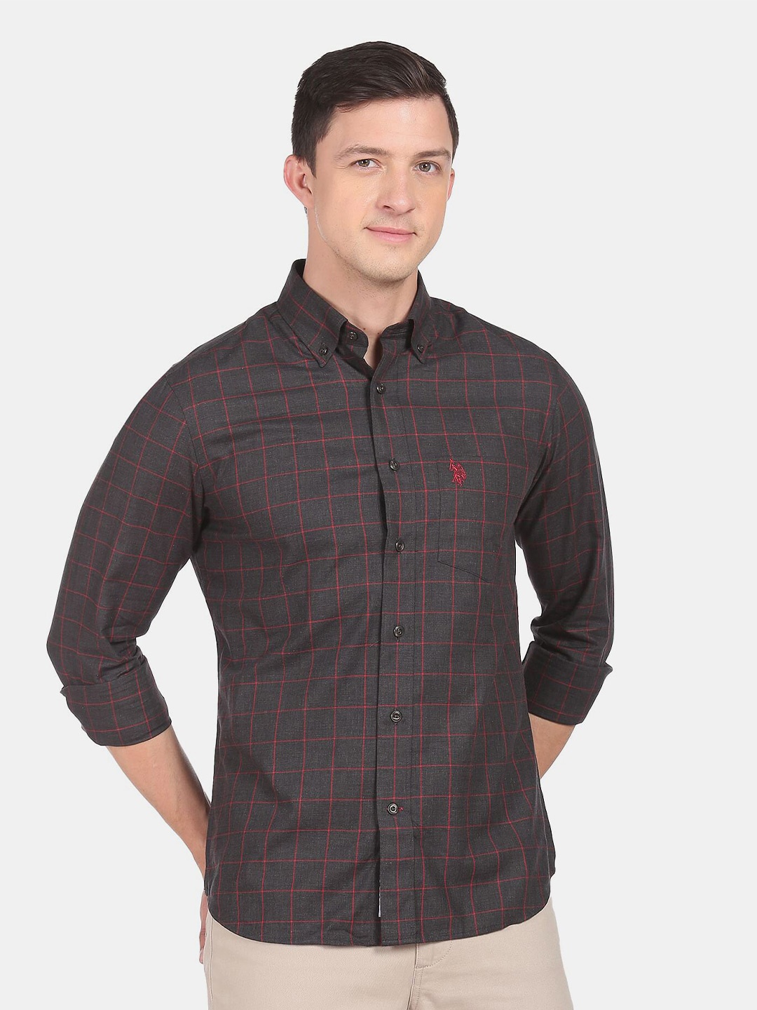 

U.S. Polo Assn. Men Grey Windowpane Checks Pure Cotton Casual Shirt