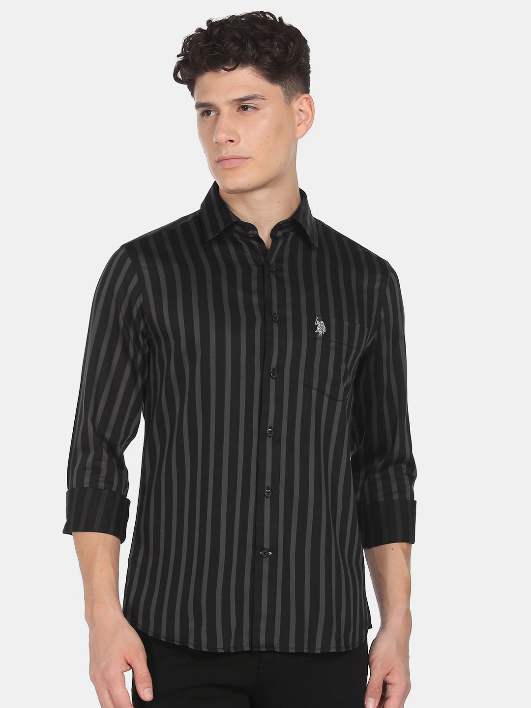 

U.S. Polo Assn. Men Striped Pure Cotton Casual Shirt, Black