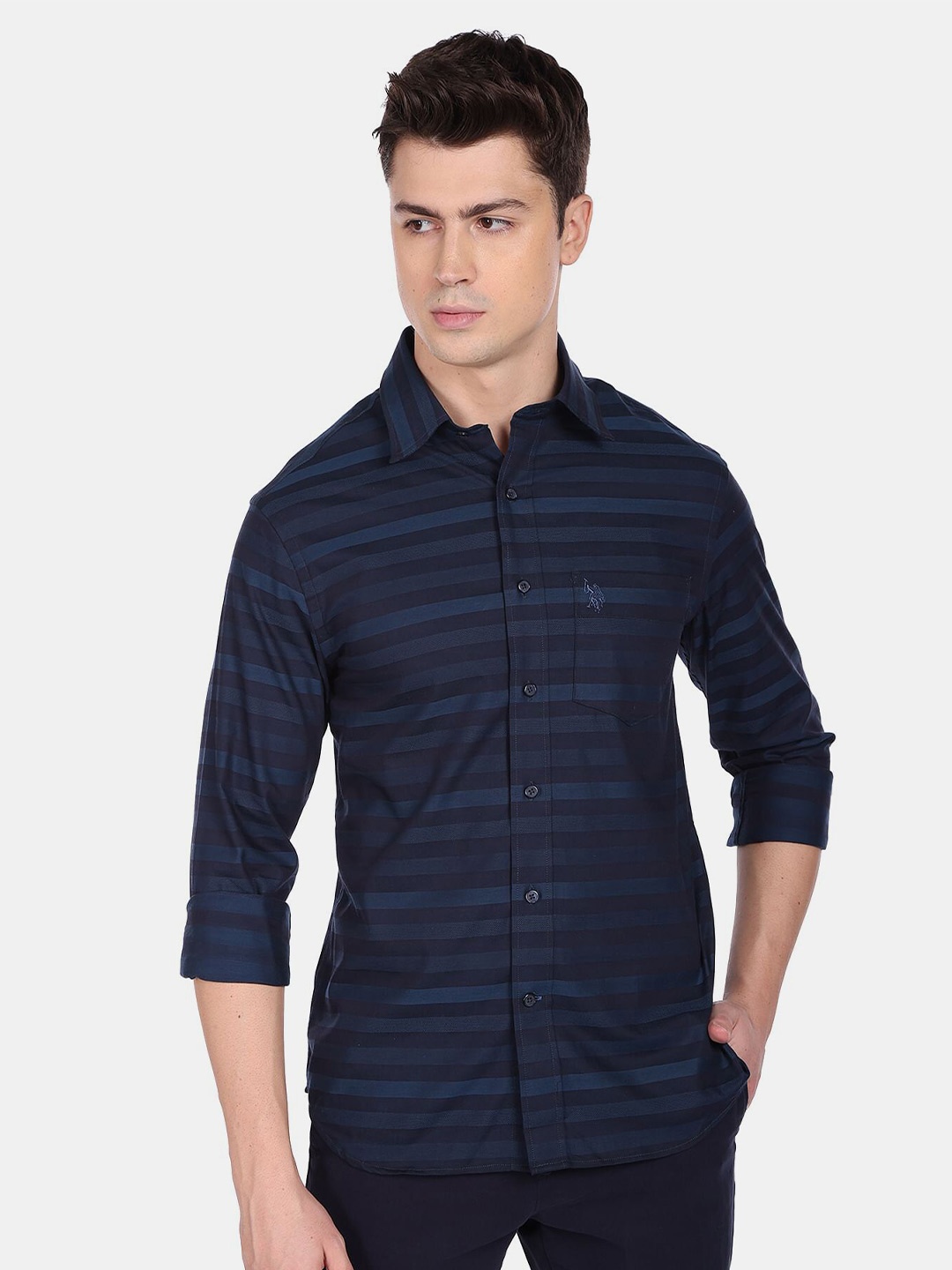 

U.S. Polo Assn. Men Horizontal Stripes Pure Cotton Casual Shirt, Blue