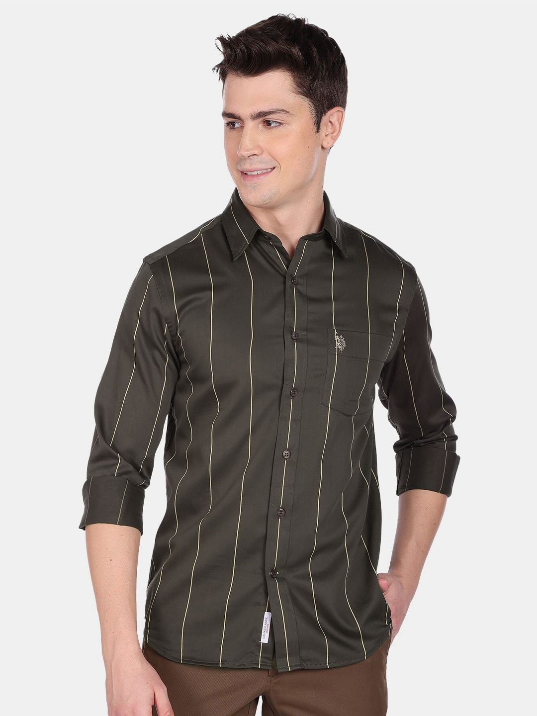 

U.S. Polo Assn. Men Striped Pure Cotton Casual Shirt, Olive