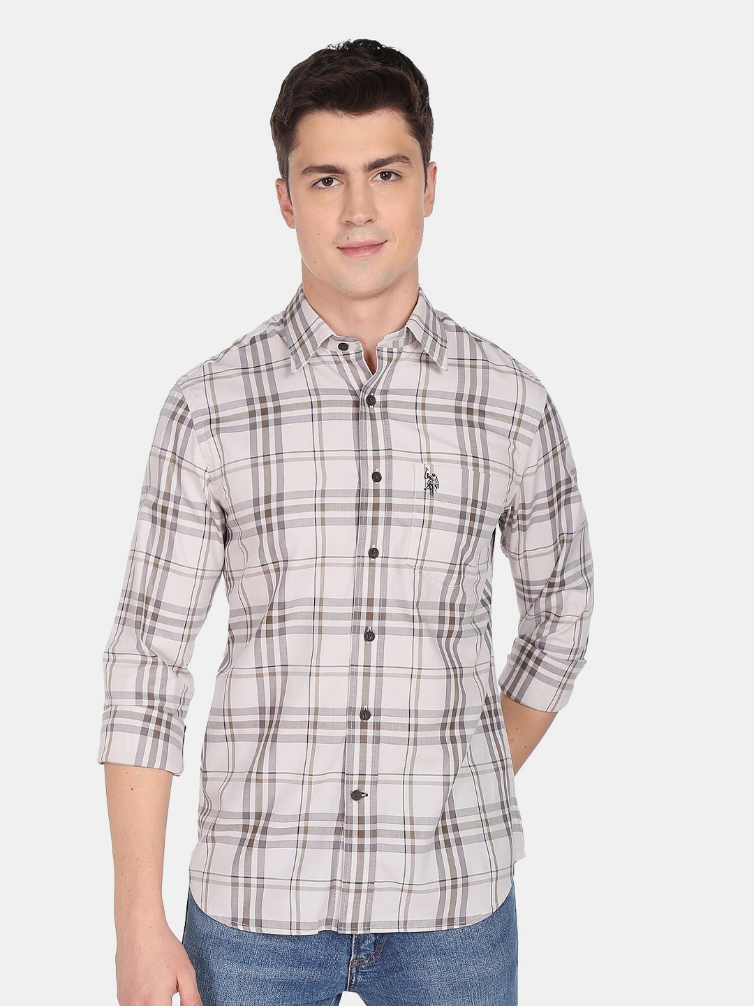 

U.S. Polo Assn. Men Tartan Checks Pure Cotton Casual Shirt, Off white
