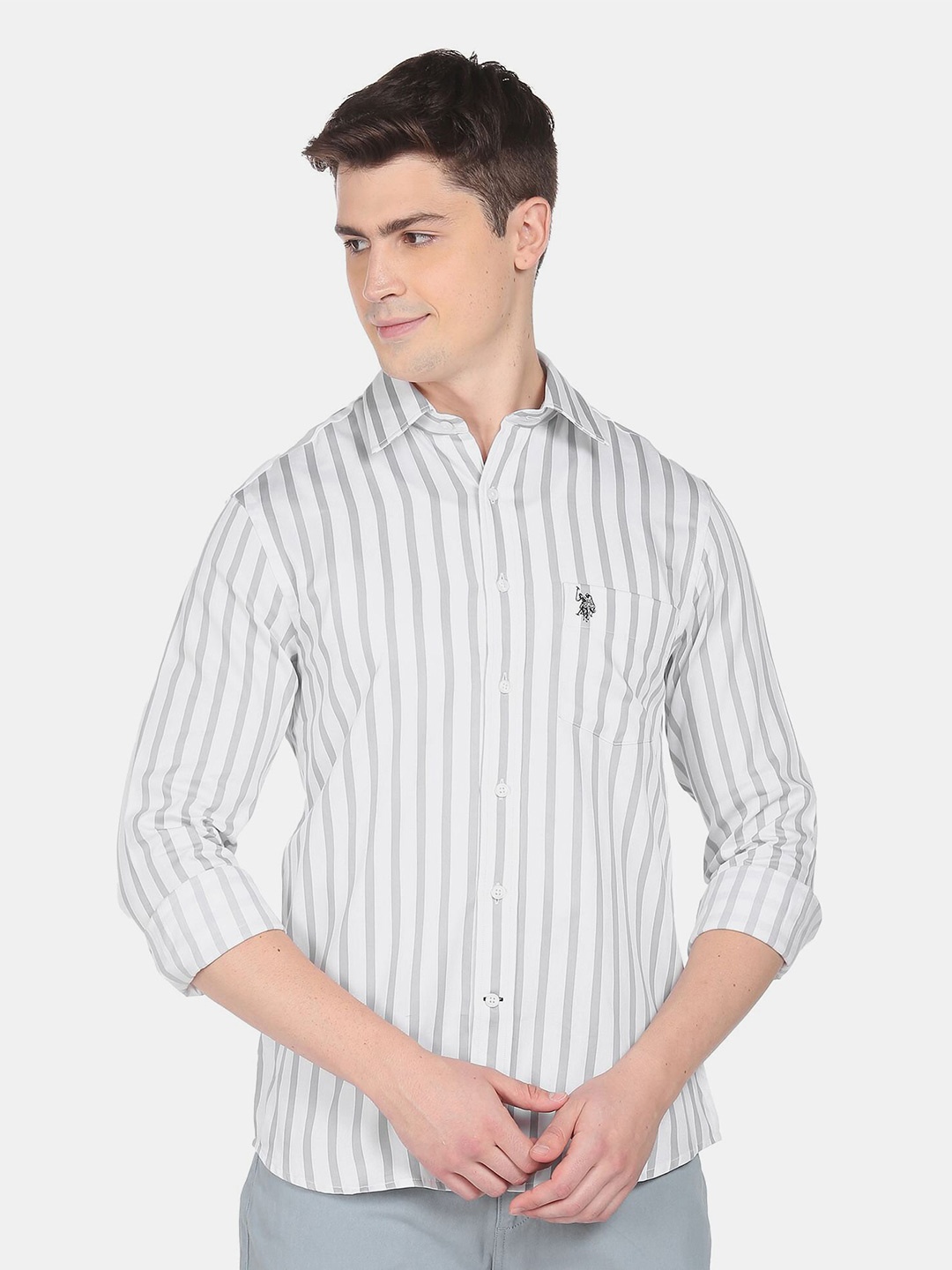 

U.S. Polo Assn. Vertical Striped Spread Collar Pure Cotton Casual Shirt, White