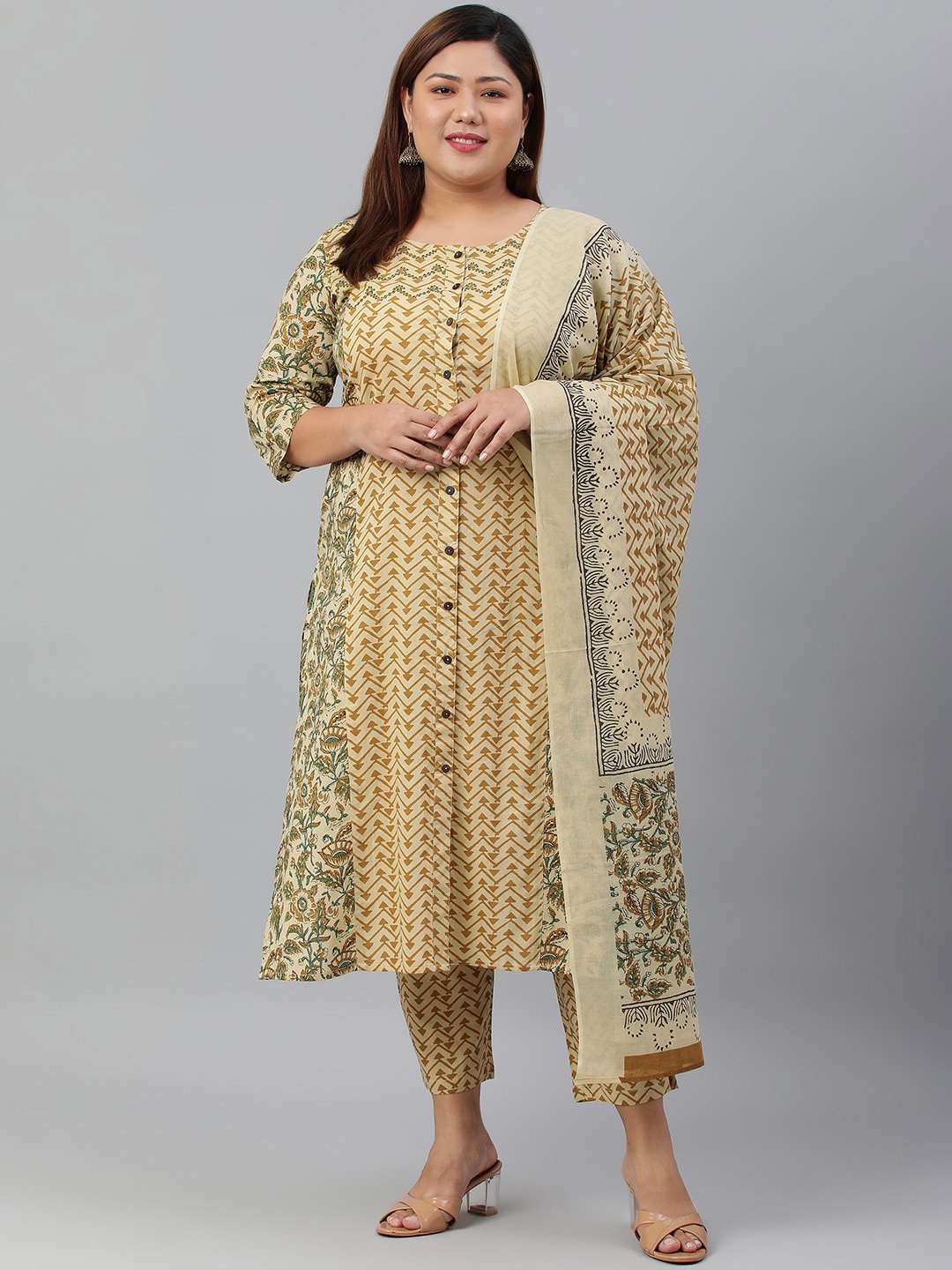 

XL LOVE by Janasya Women Beige Floral Printed Thread Work Pure Cotton Kurta with Trousers & With Dupatta