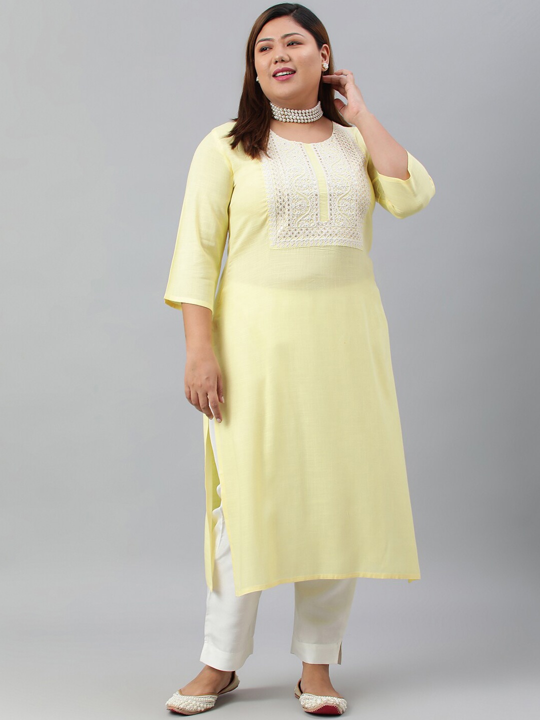 

XL LOVE by Janasya Women Yellow Yoke Design Thread Work Kurta
