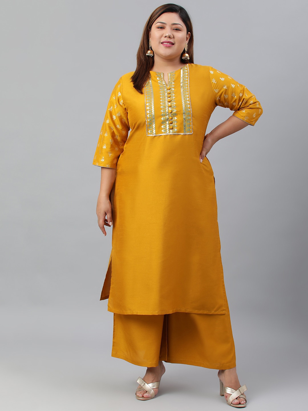 

XL LOVE by Janasya Women Plus Size Mustard Yellow Floral Printed Kurta with Palazzos