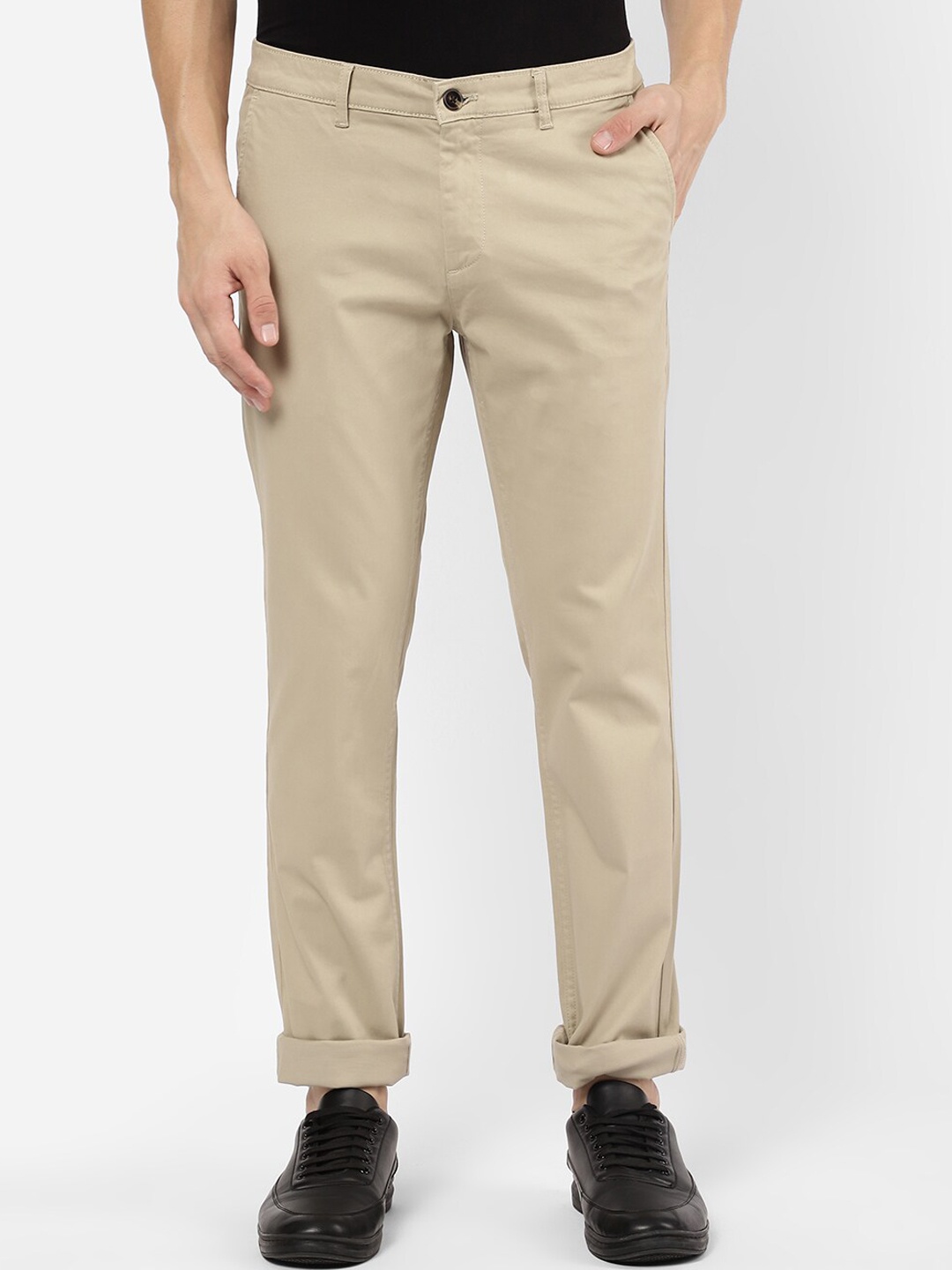 

R&B Men Beige Cotton Chinos Trousers