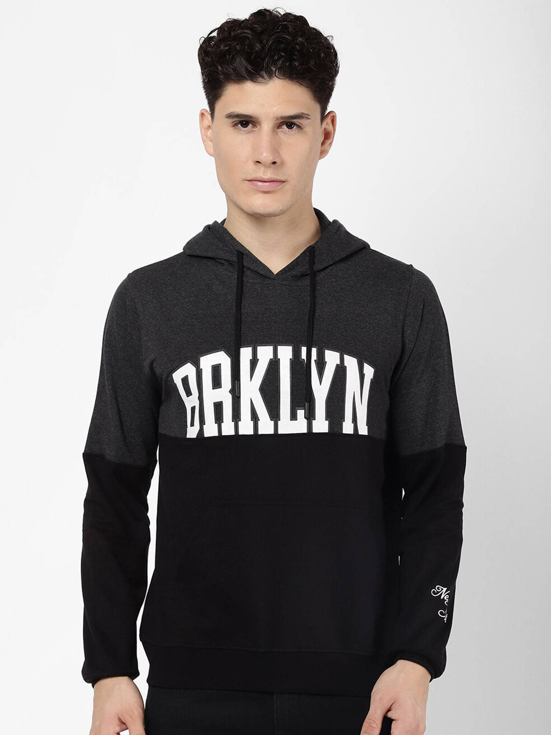 

R&B Men Black & Grey Printed Hooded Cotton Sweatshirt