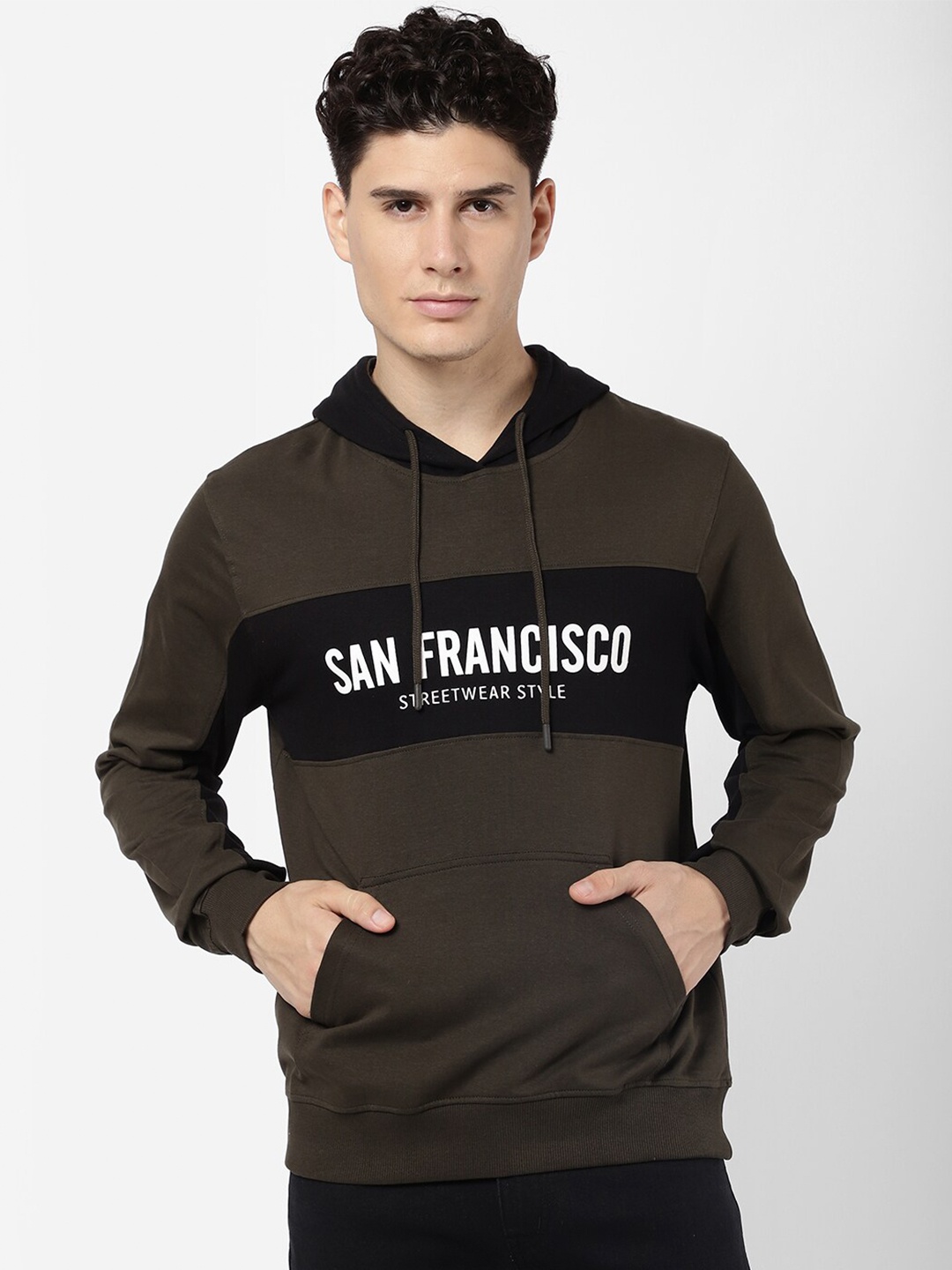 

R&B Men Olive Green Printed Hooded Cotton Sweatshirt