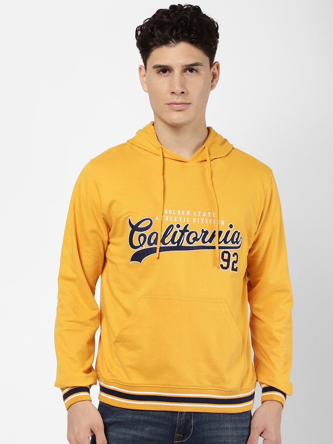 

R&B Men Yellow Printed Hooded Cotton Sweatshirt