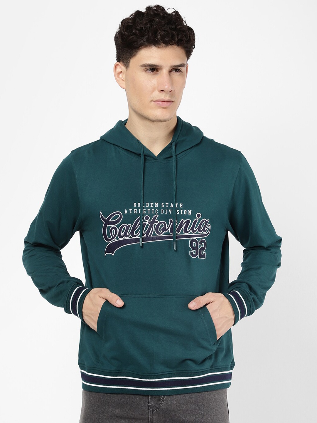 

R&B Men Olive Green Printed Hooded Cotton Sweatshirt
