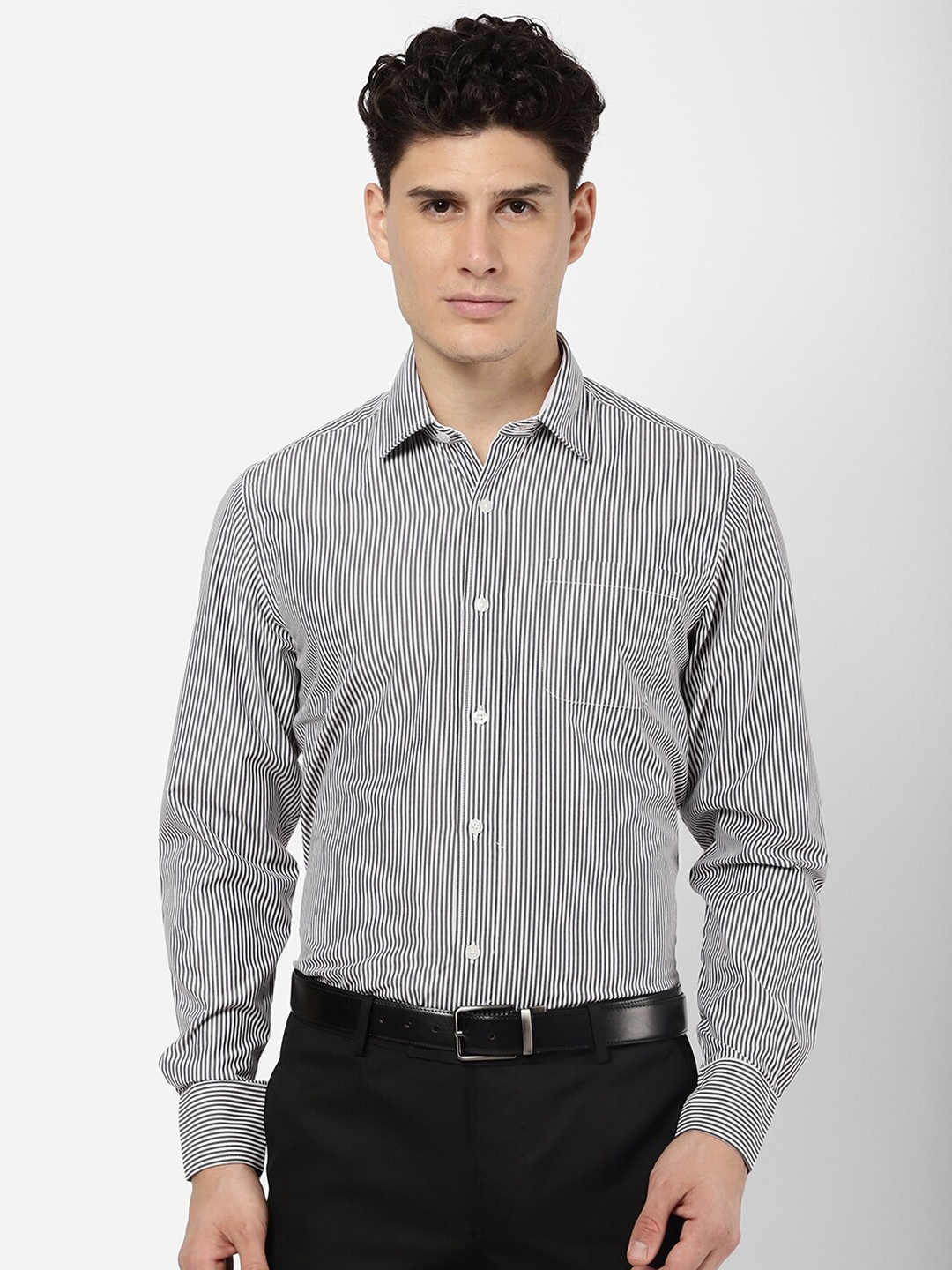 

R&B Men Black Striped Cotton Formal Shirt