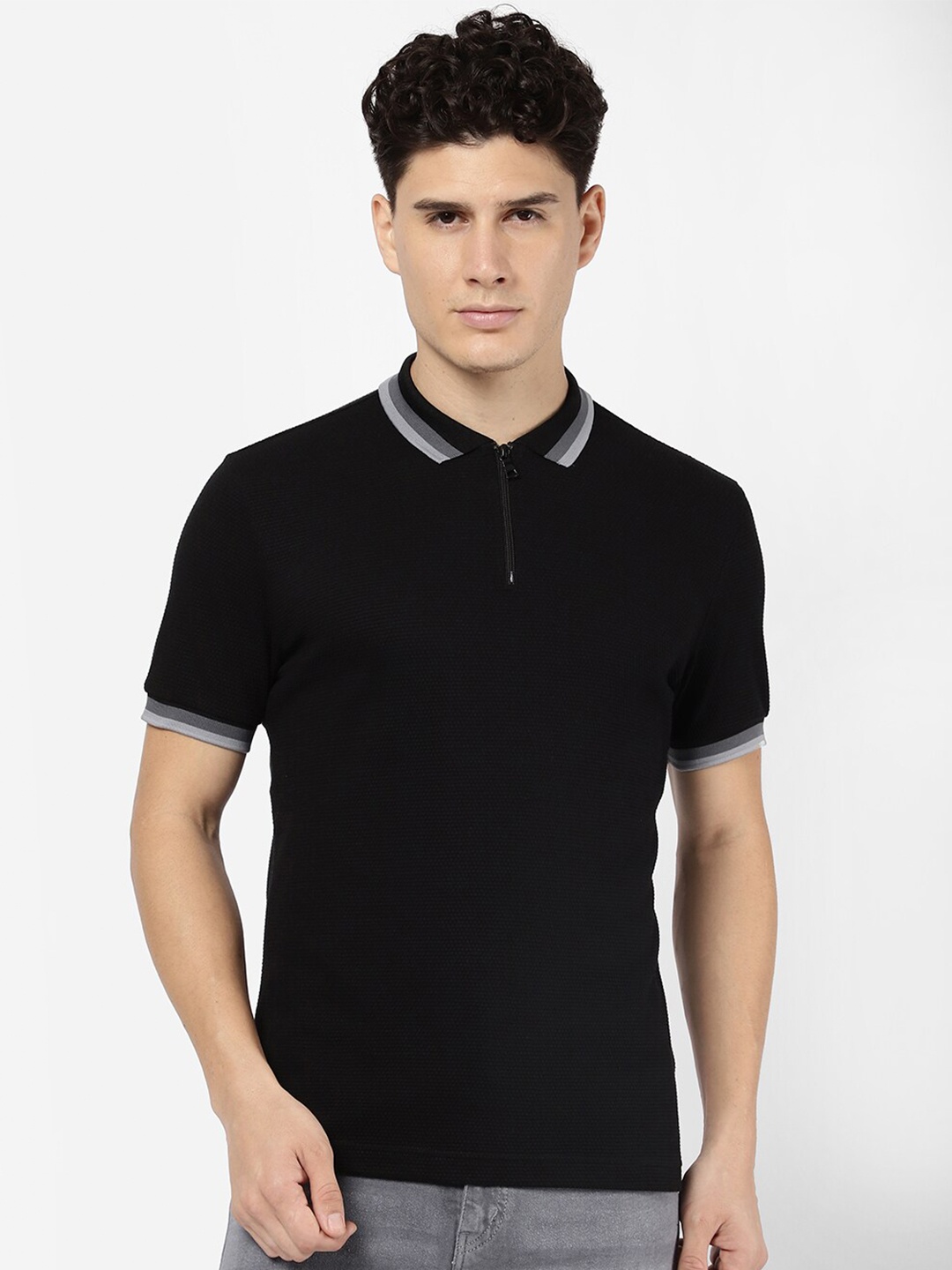 

R&B Men Black Polo Collar Cotton T-shirt