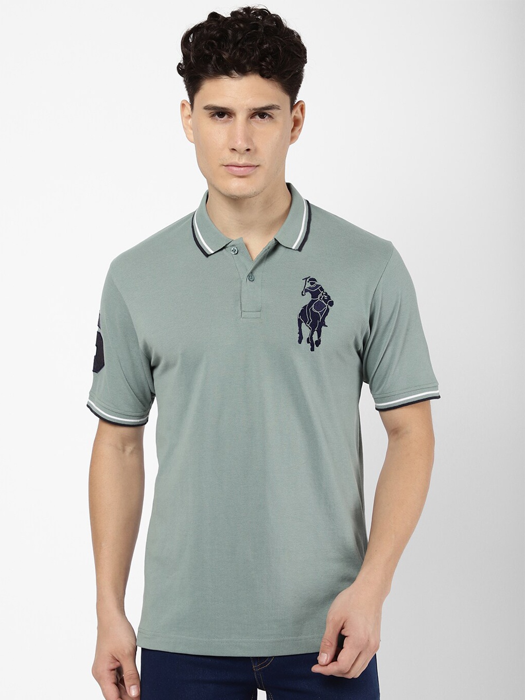 

R&B Men Sea Green Polo Collar Cotton T-shirt