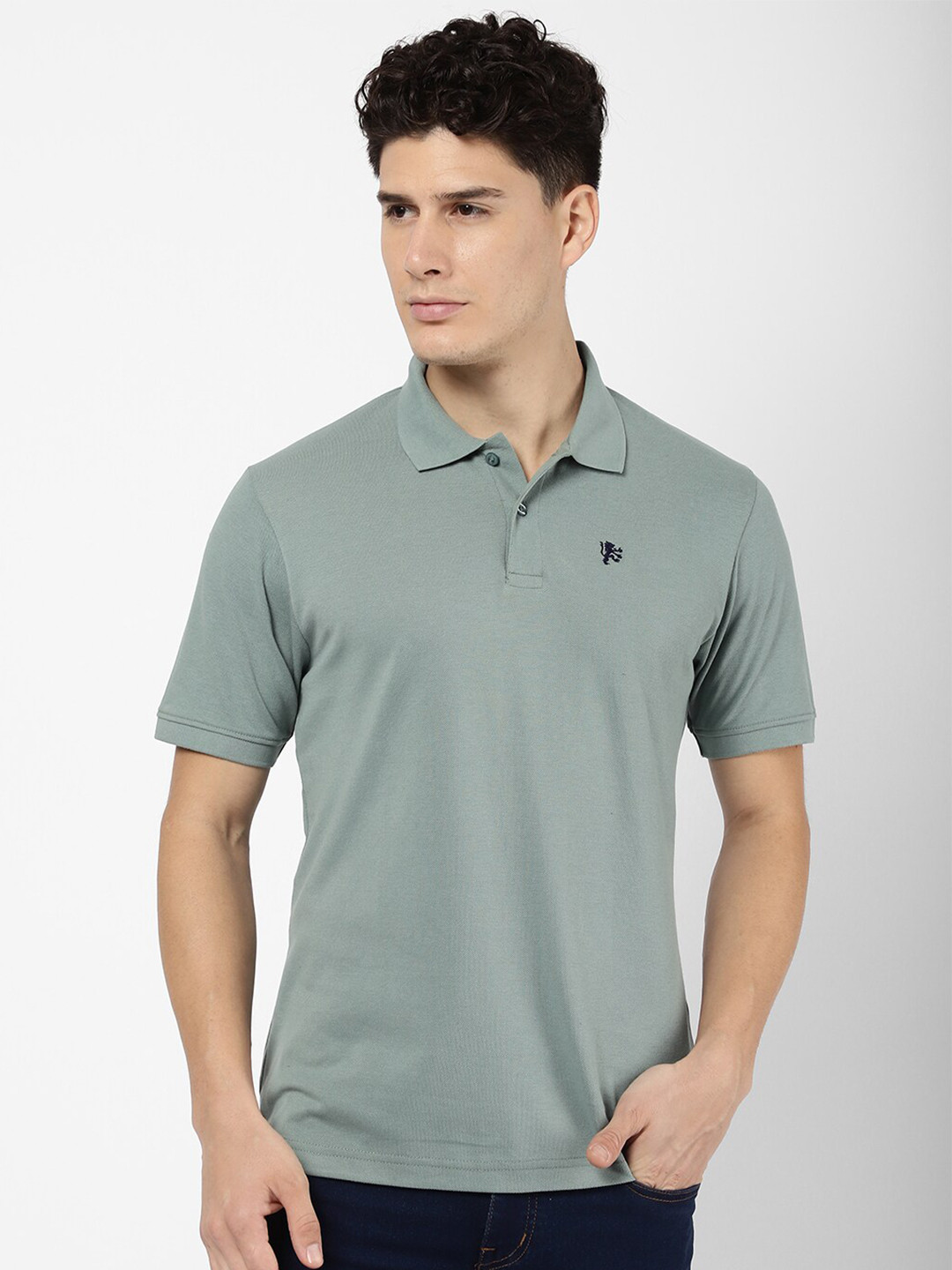 

R&B Men Sea Green Polo Collar Cotton T-shirt