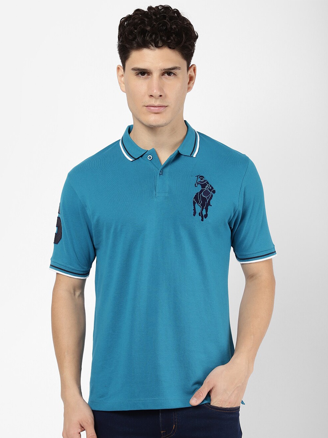 

R&B Men Blue Polo Collar Cotton T-shirt