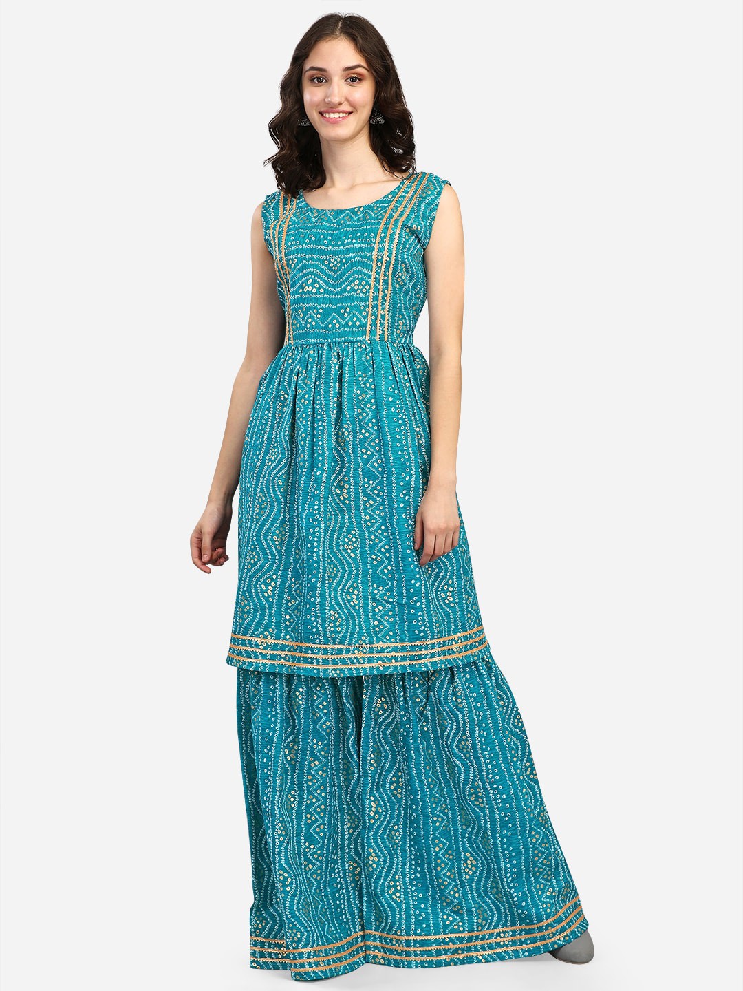 

GUFRINA Women Blue Bandhani Printed Pleated Gotta Patti Kurta with Sharara