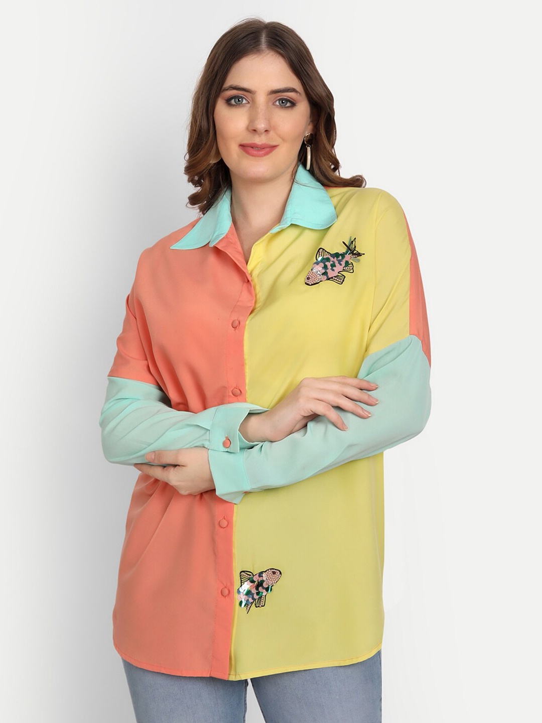 

Sttavoss Boxy Fit Colourblocked Casual Shirt, Coral