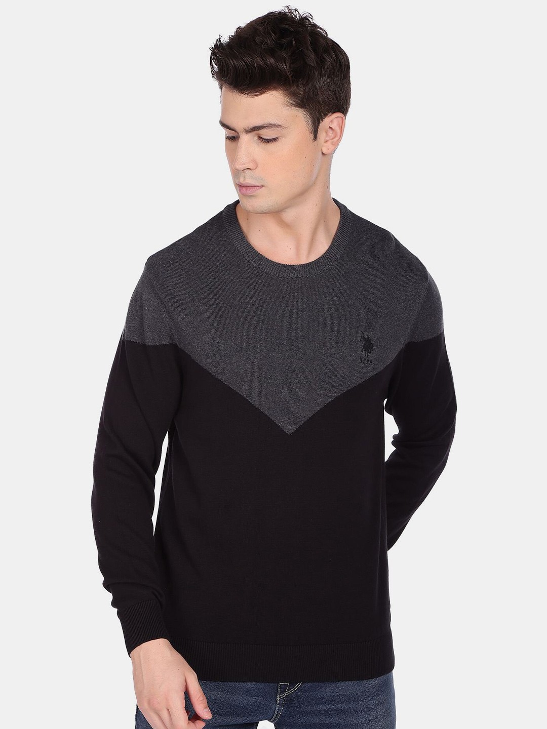 

U S Polo Assn Men Black & Grey Colourblocked Pullover Pure Cotton Sweater