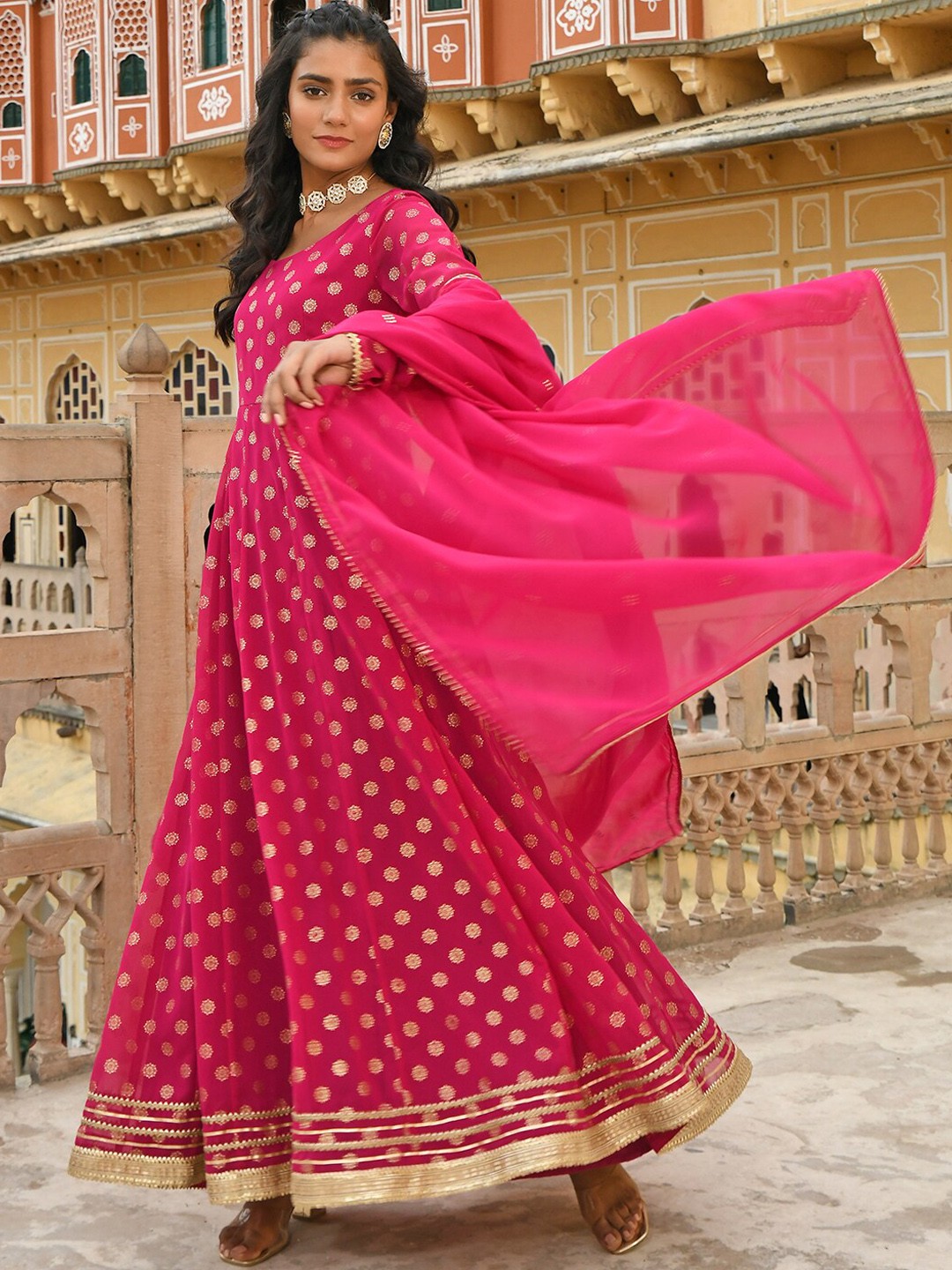 

Janasya Women Pink Ethnic Motifs Printed Thread Work Georgette Anarkali Kurta