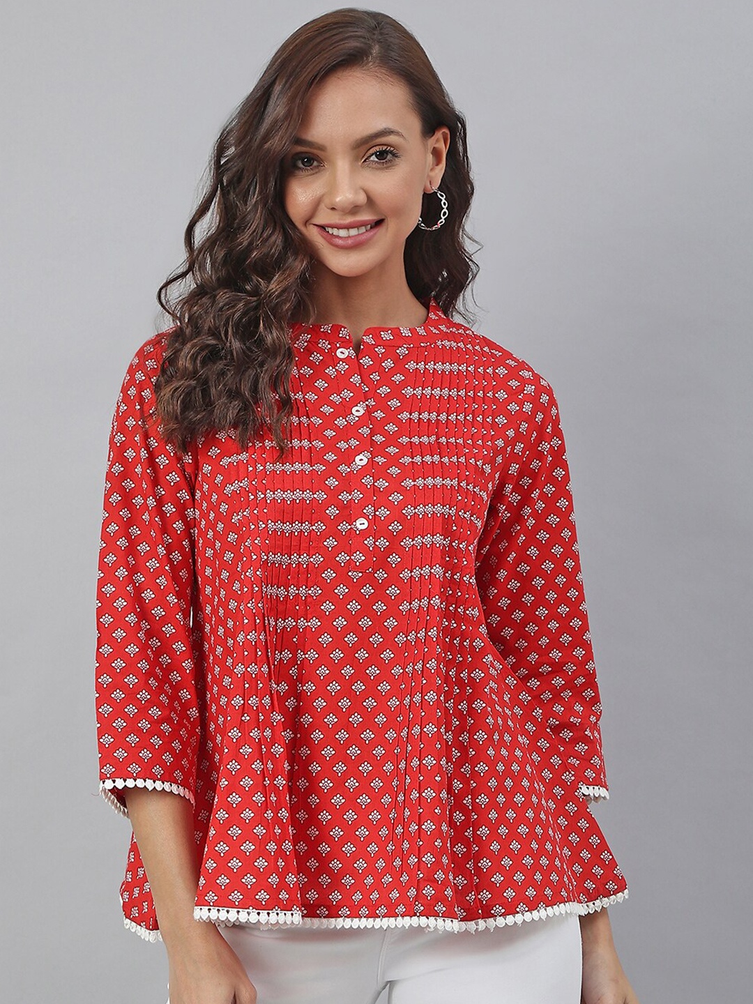 

Janasya Women Red Print Mandarin Collar Pure Cotton Top