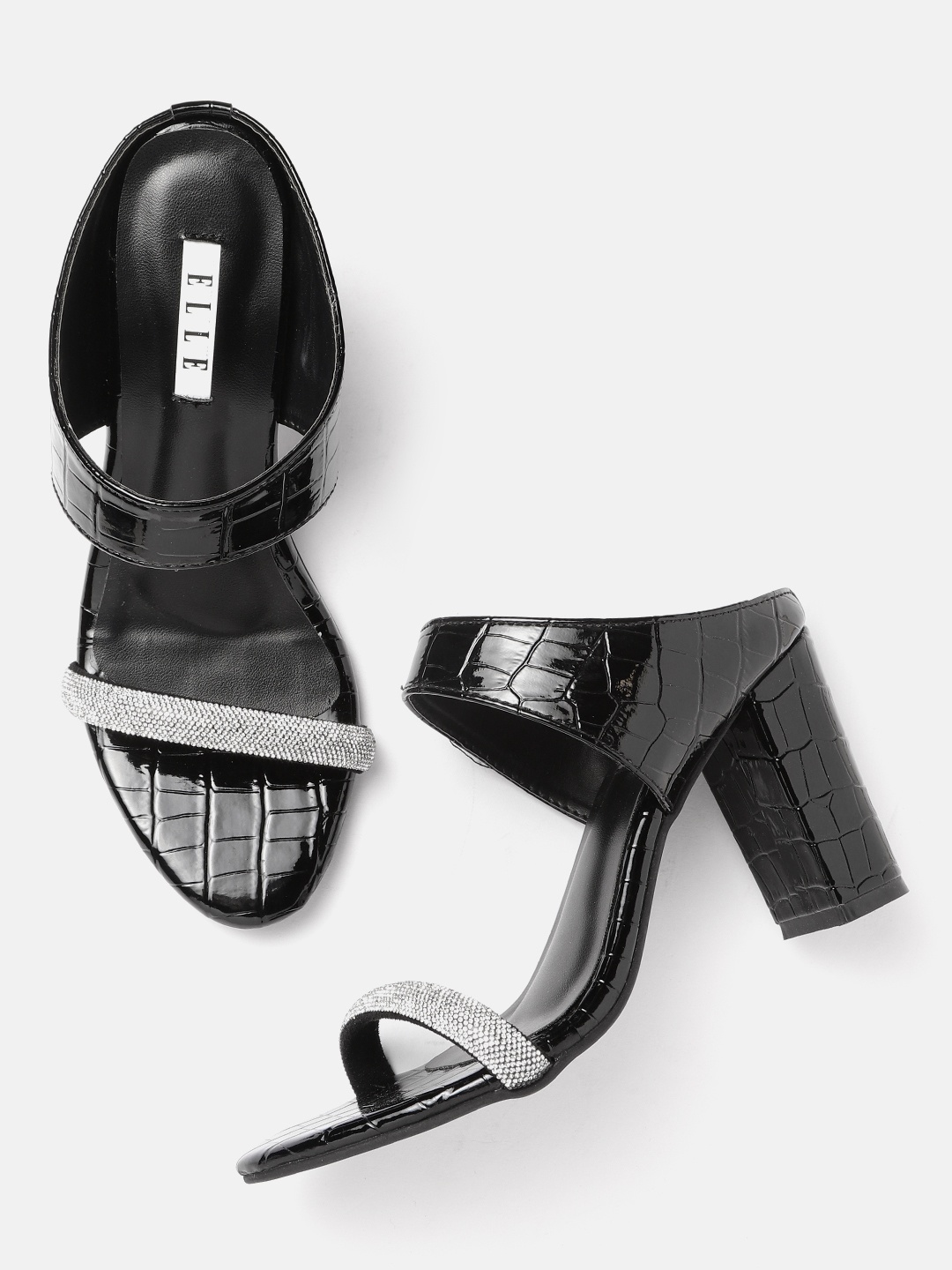 

ELLE Embellished Party Block Heel Sandals With Croc Textured Detail, Black